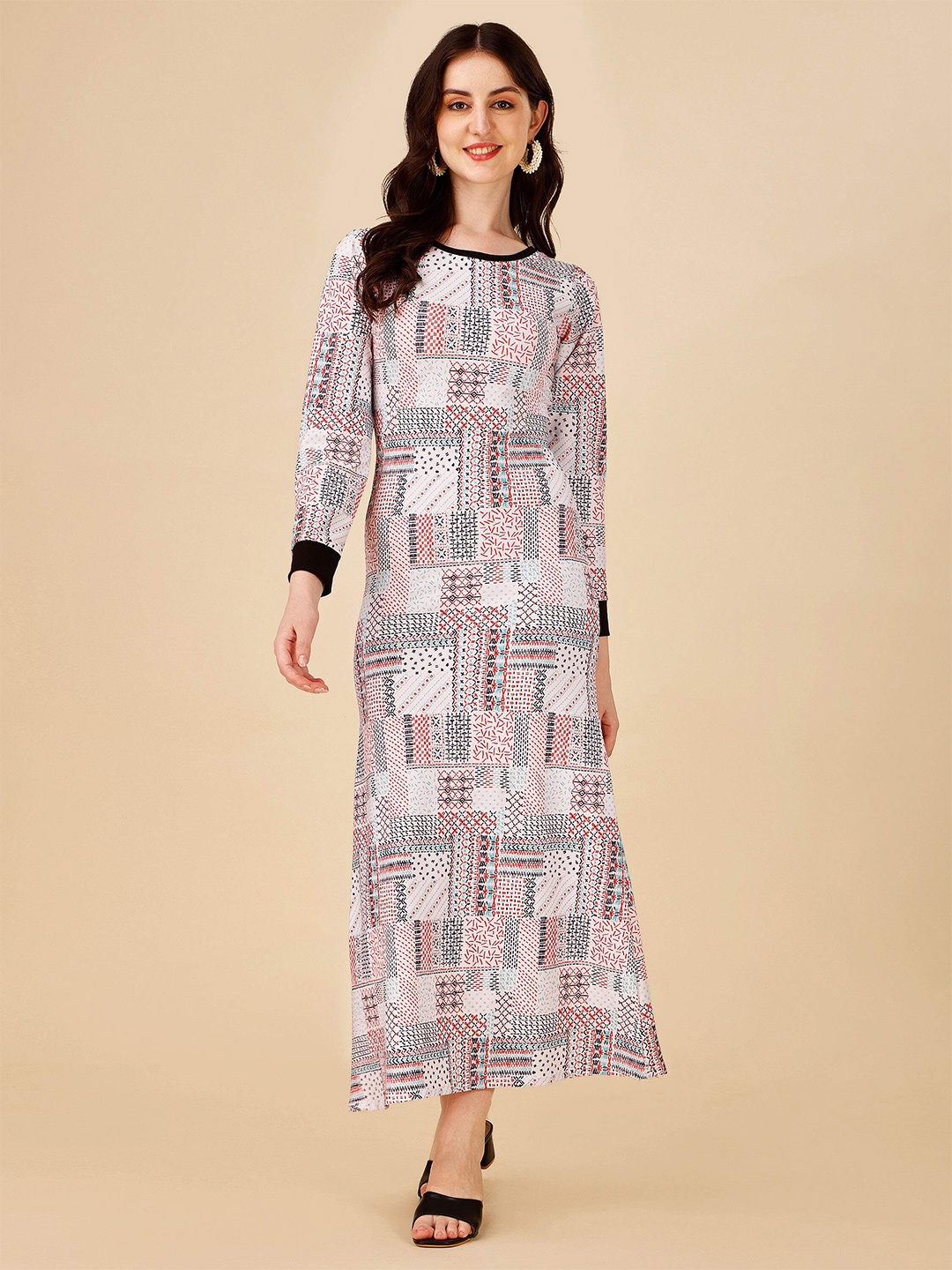 

DL Fashion Abstract Printed Round Neck Cuffed Sleeves A-Line Maxi Dress, White