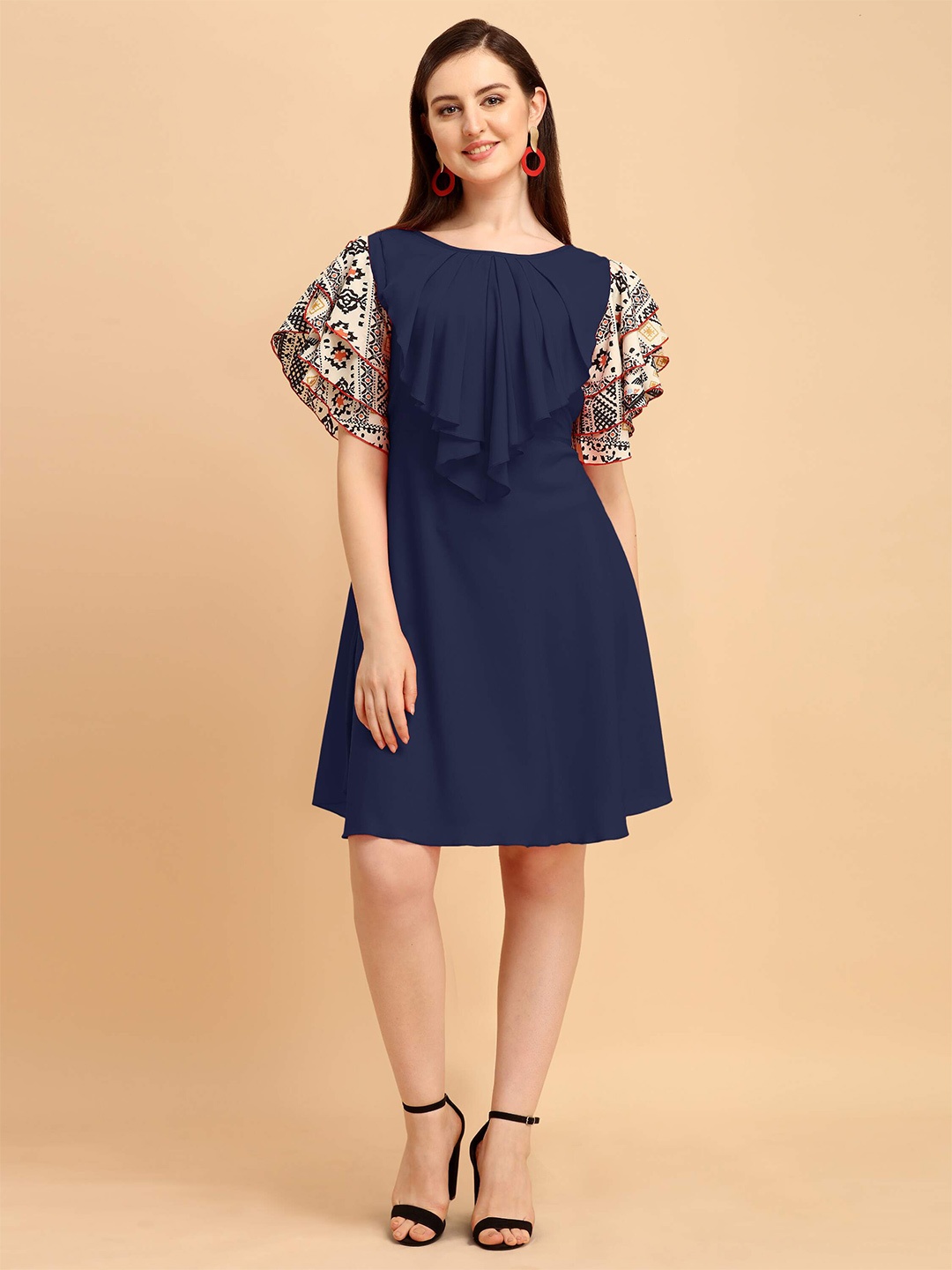 

DL Fashion Round Neck Flutter Sleeve Ruffled A-Line Dress, Blue