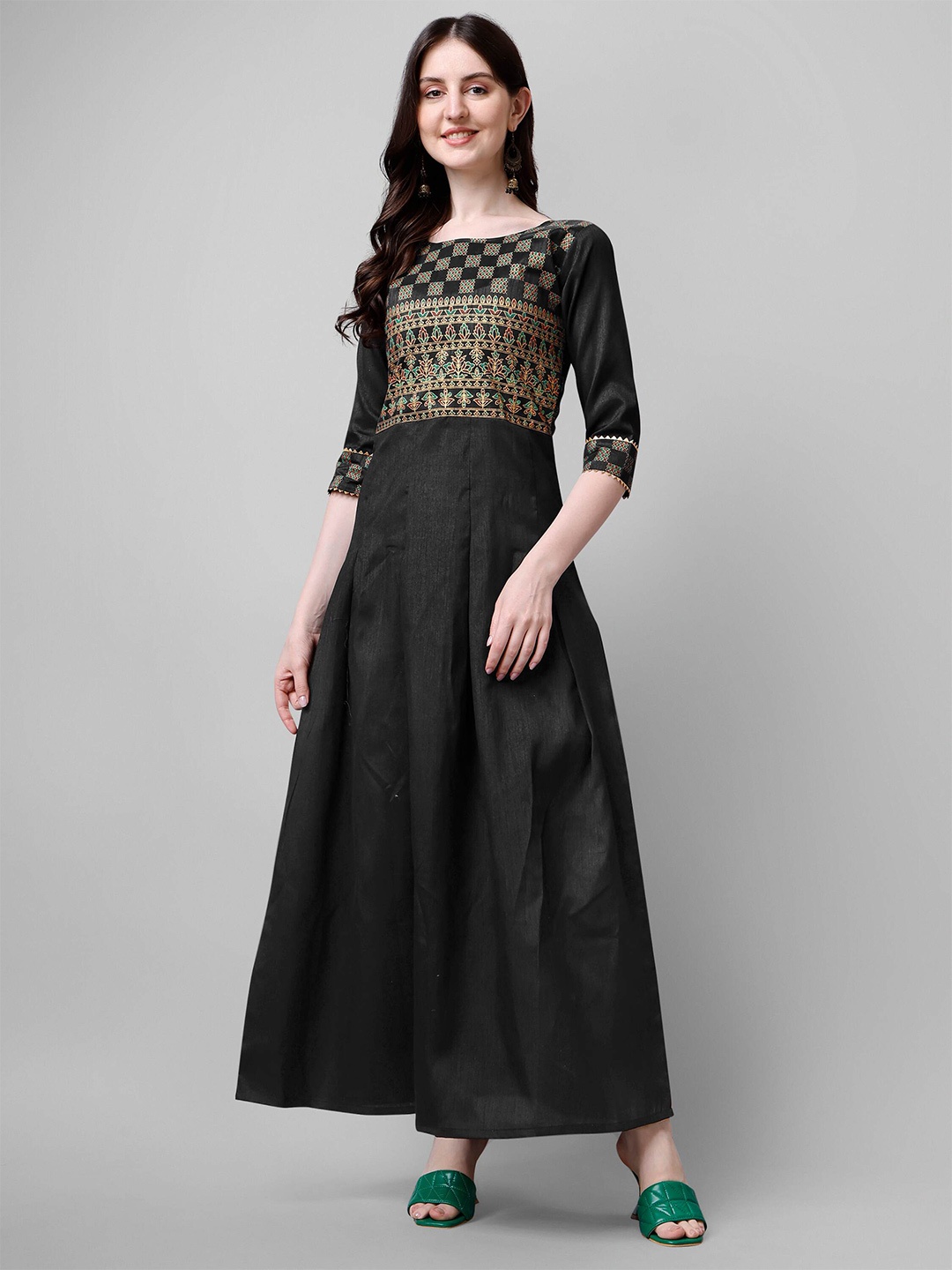 

DL Fashion Yoke Ethnic Motifs Printed Tie-Up Detail A-Line Ethnic Dress, Black