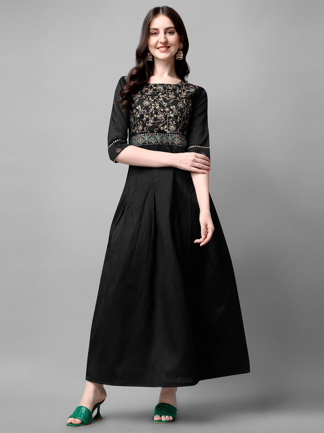 

DL Fashion Ethnic Motifs Printed Boat Pleated & Tie Up A Line Ethnic Dress, Black