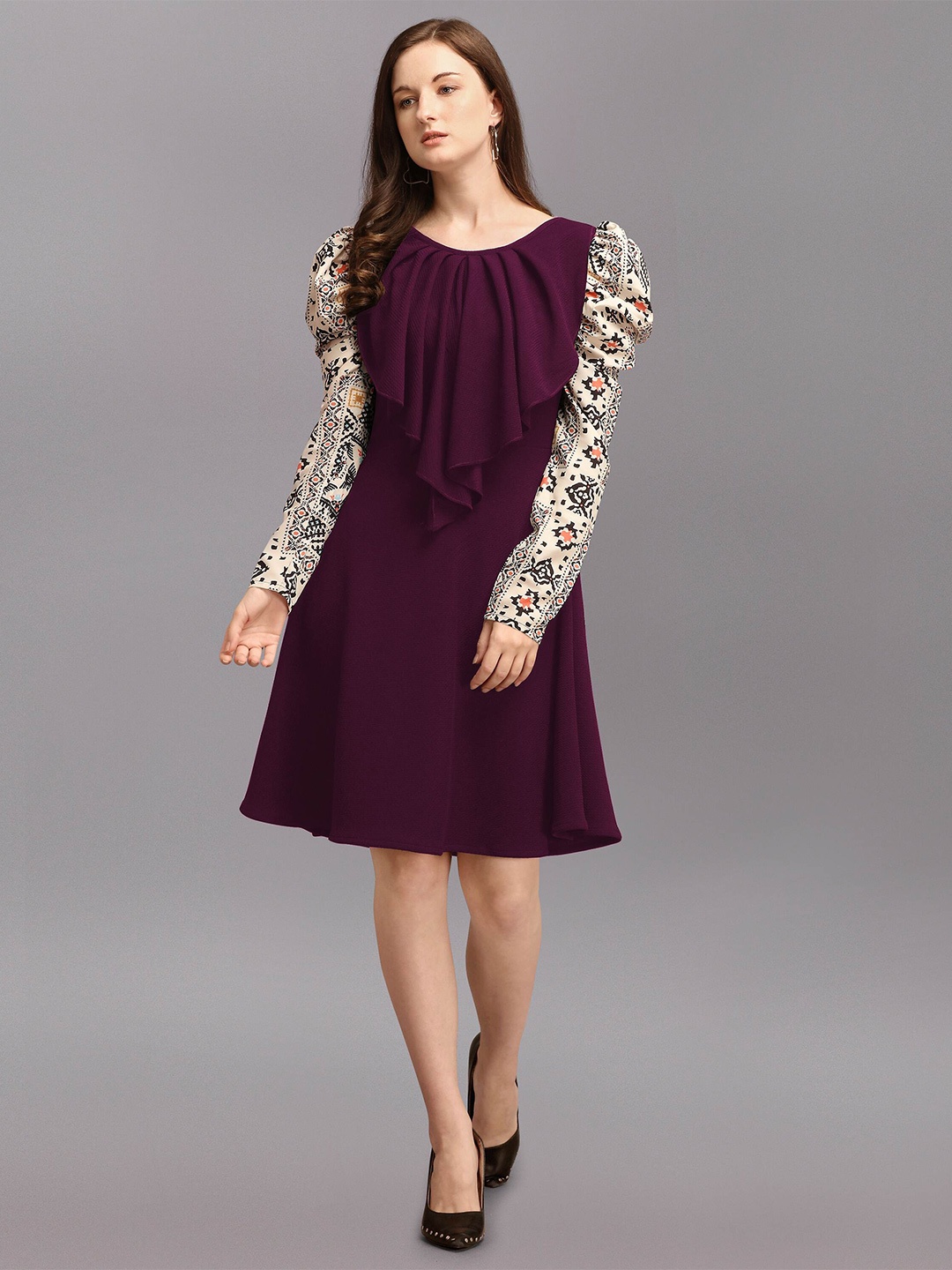 

DL Fashion Long Puff Sleeves Ruffled A-Line Dress, Purple