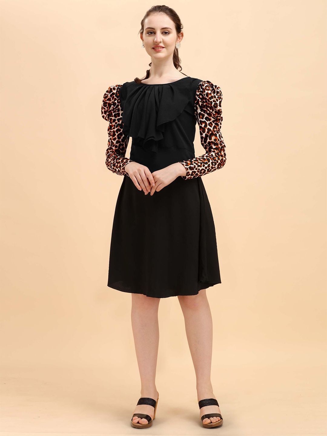 

DL Fashion Round Neck Puff Sleeve Ruffled A-Line Dress, Black