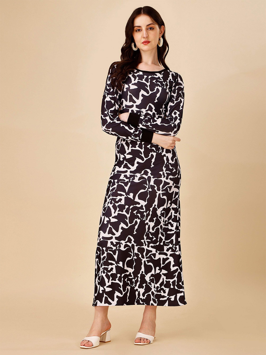 

DL Fashion Abstract Printed Round Neck Lace-Up Maxi Dress, Black