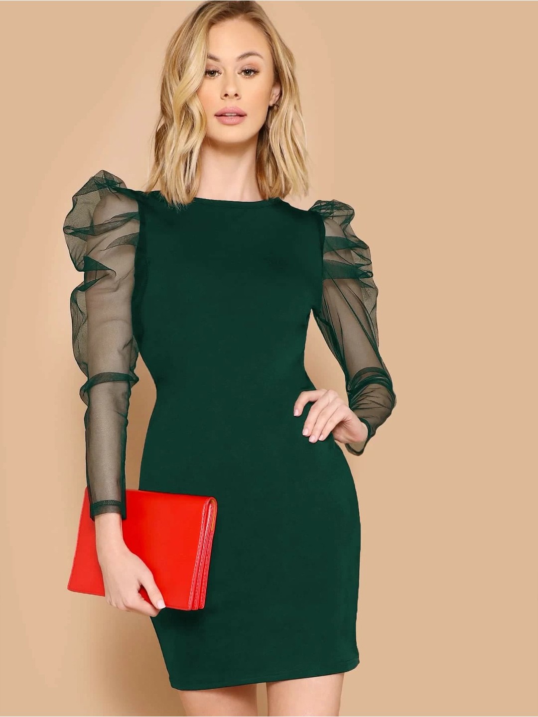 

DL Fashion Long Puff Sleeves Sheath Mini Dress, Green