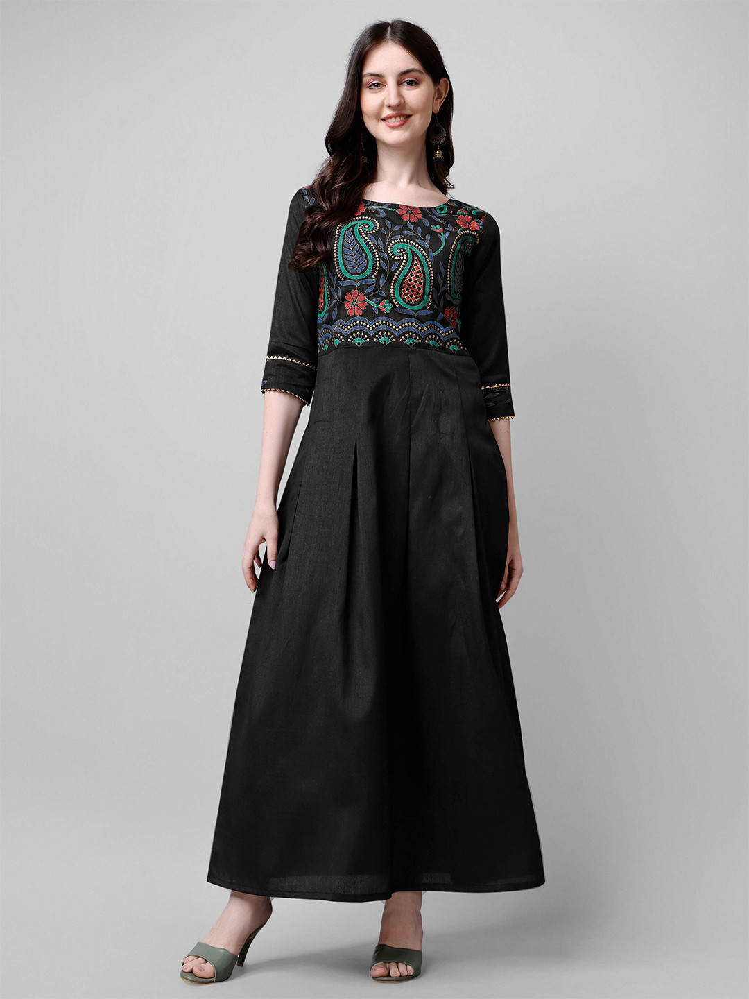 

DL Fashion Floral Printed Embroidered Detailed Maxi Ethnic Dress, Black