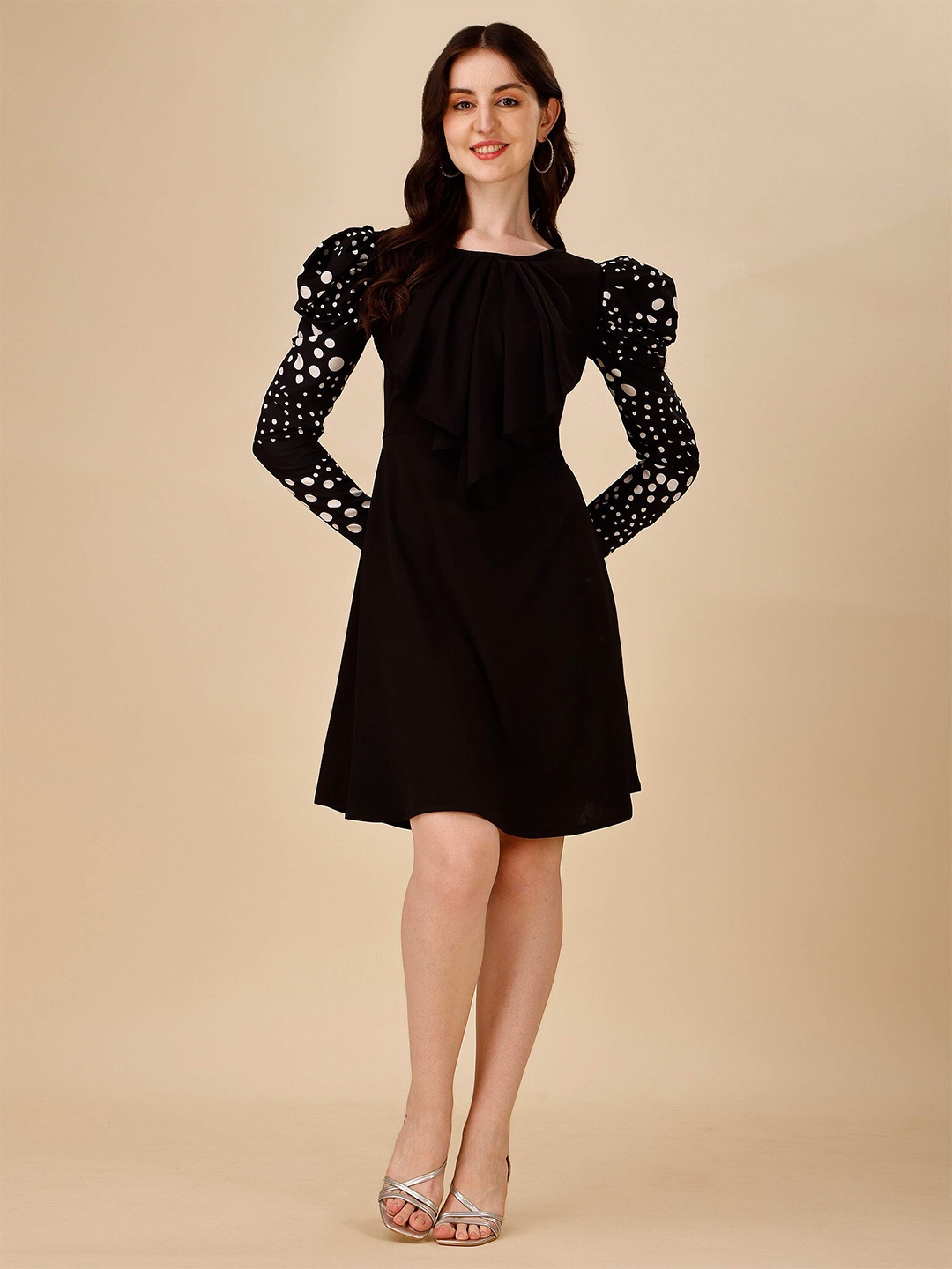 

DL Fashion Puff Sleeve Ruffled A-Line Dress, Black