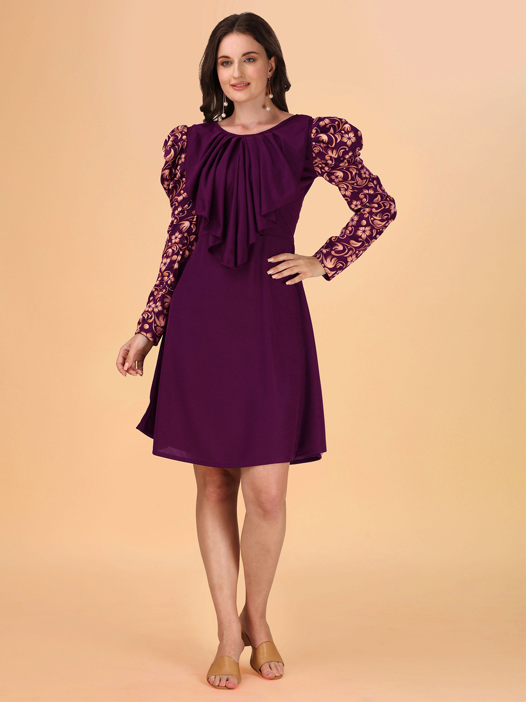 

DL Fashion Long Puff Sleeves Ruffled A-Line Dress, Purple