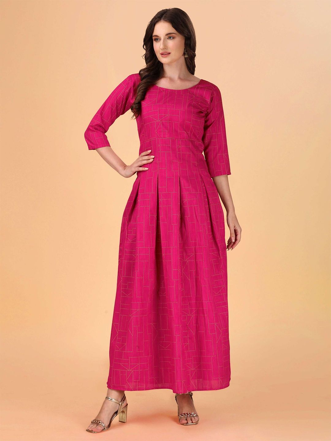 

DL Fashion Geometric Printed Pleated Detailed Round Neck Maxi Ethnic Dress, Pink