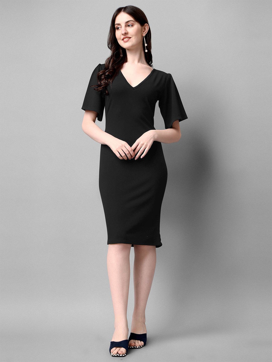

DL Fashion V-Neck Flared Sleeve Sheath Dress, Black