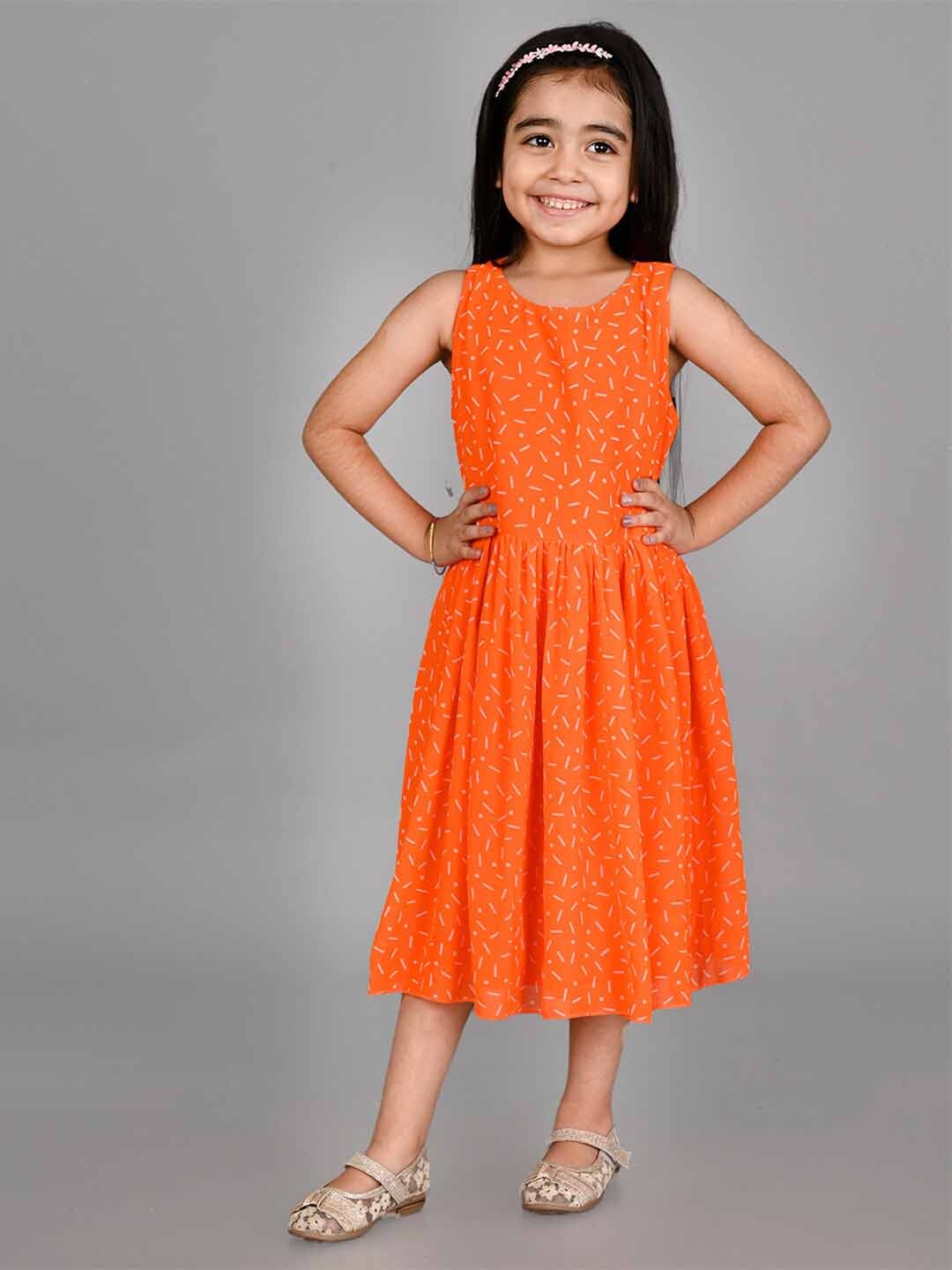 

Creative Kids Girls Geometric Printed Gathered Fit & Flare Midi Dress, Orange