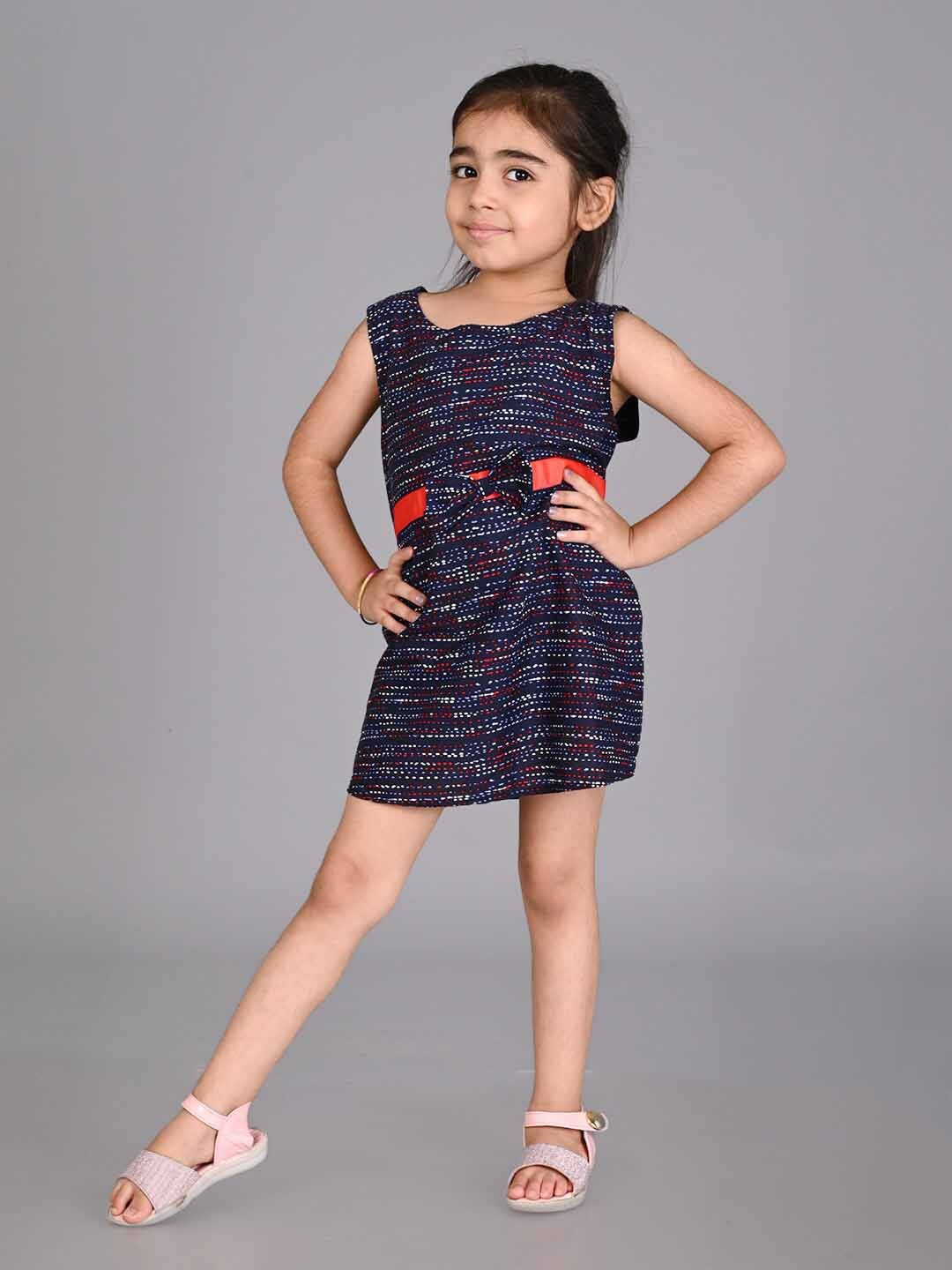 

Creative Kids Girls Abstract Printed Sleeveless Bow Cotton A-Line Dress, Navy blue