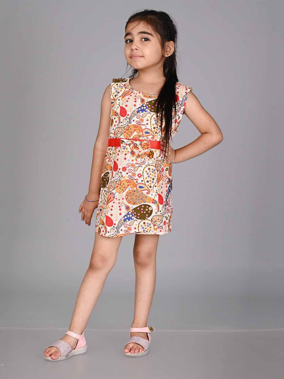 

Creative Kids Girls Conversational Printed Belted Cotton A-Line Dress, Yellow