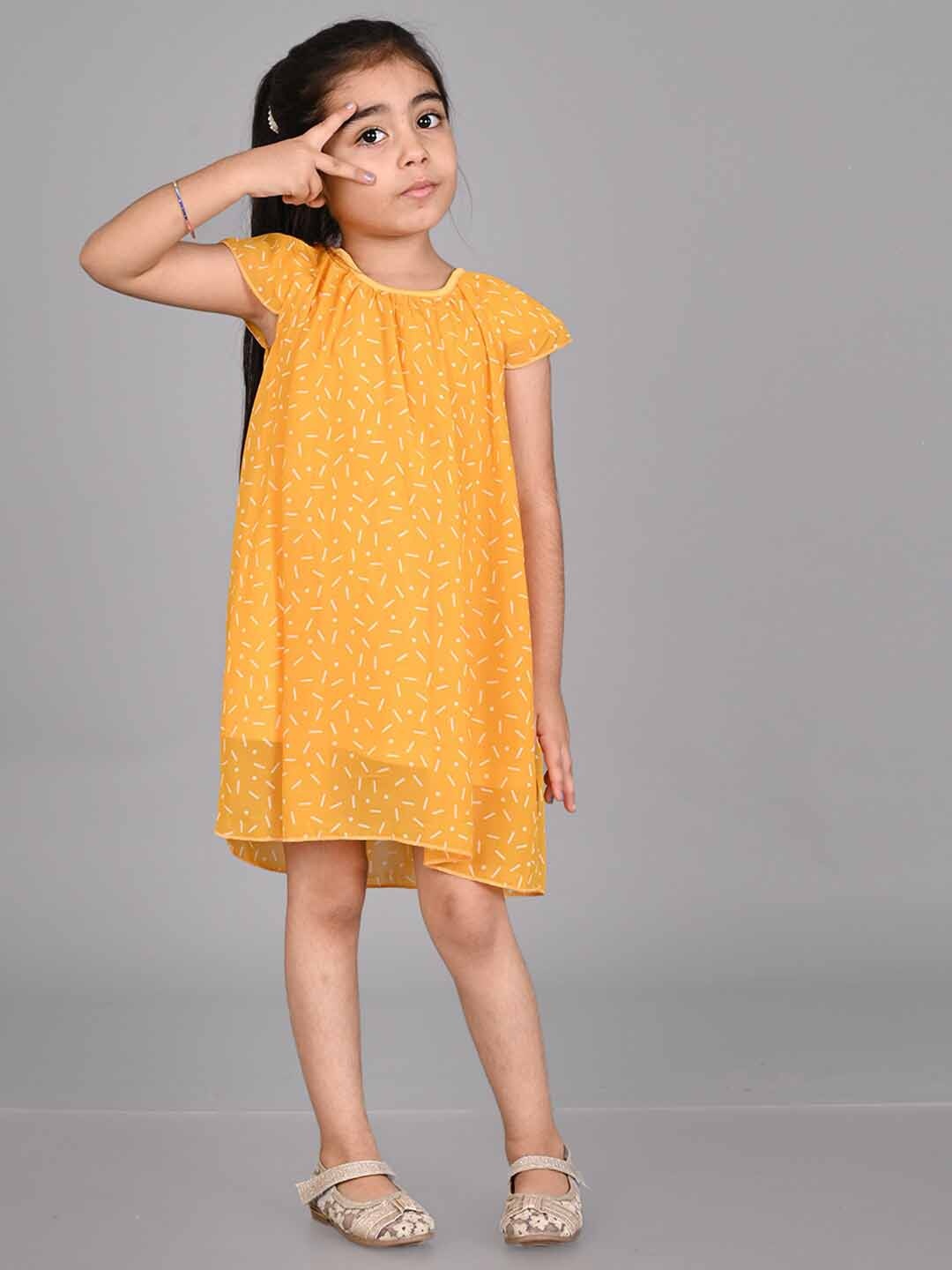 

Creative Kids Girls Geometric Printed Cap Sleeves Gathered A-Line Dress, Yellow