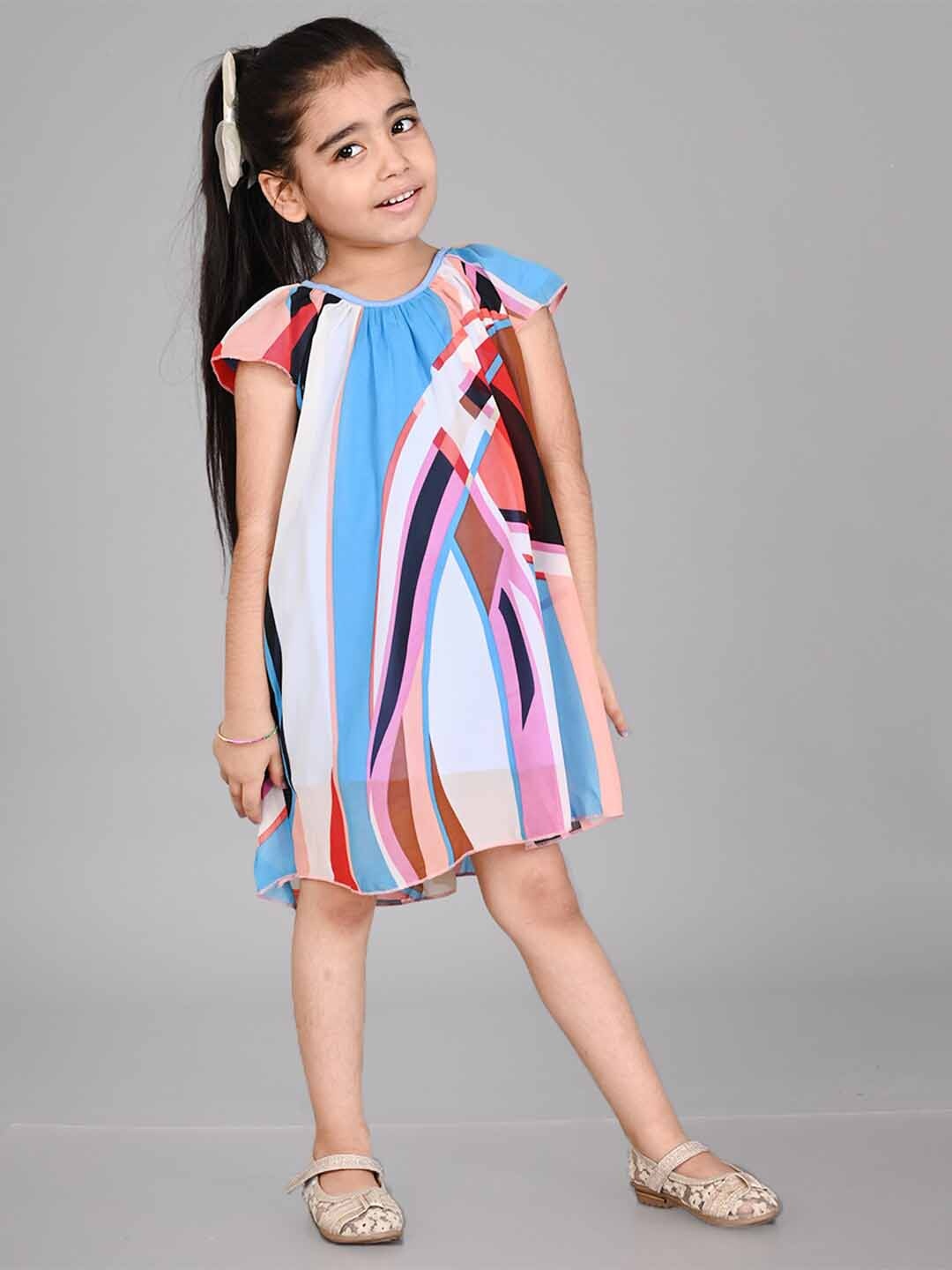 

Creative Kids Girls Abstract Printed Cap Sleeves Gathered A-Line Dress, Pink