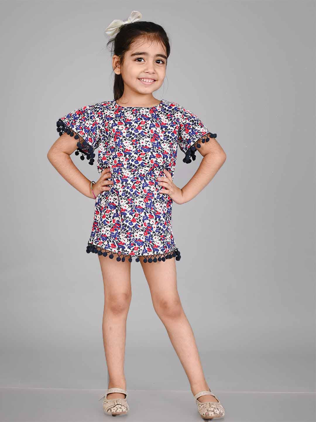 

Creative Kids Girls Floral Printed with Pom-Pom Detail Cotton A-Line Dress, Blue