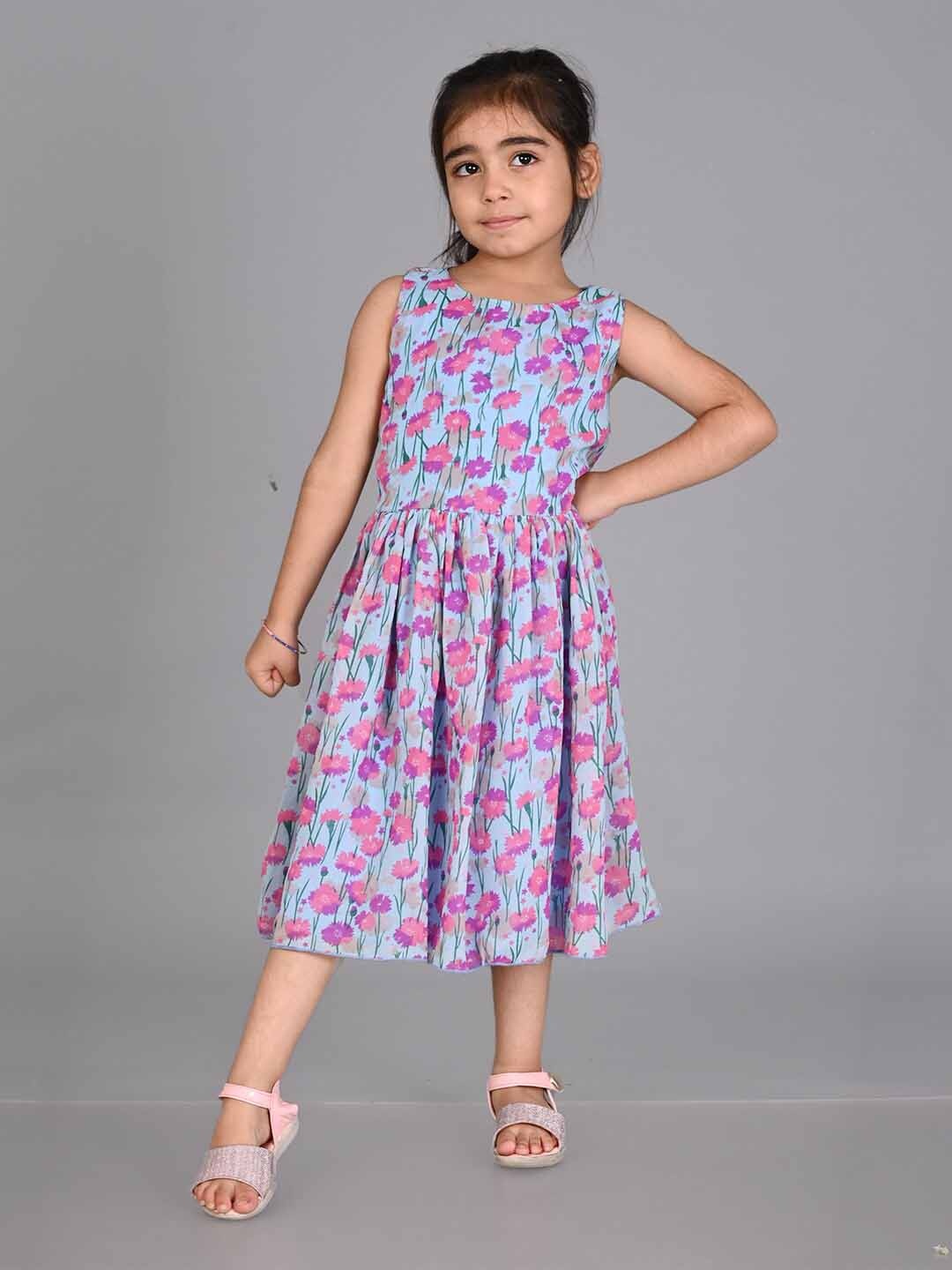 

Creative Kids Girls Floral Printed Gathered Fit & Flare Midi Dress, Blue
