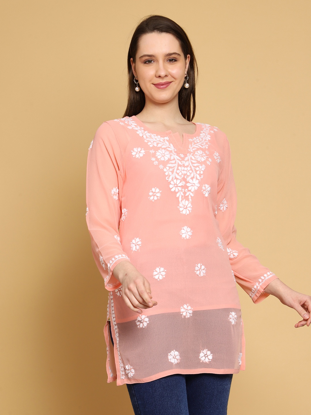 

ADA Floral Embroidered Chikankari Kurti with Slip, Peach