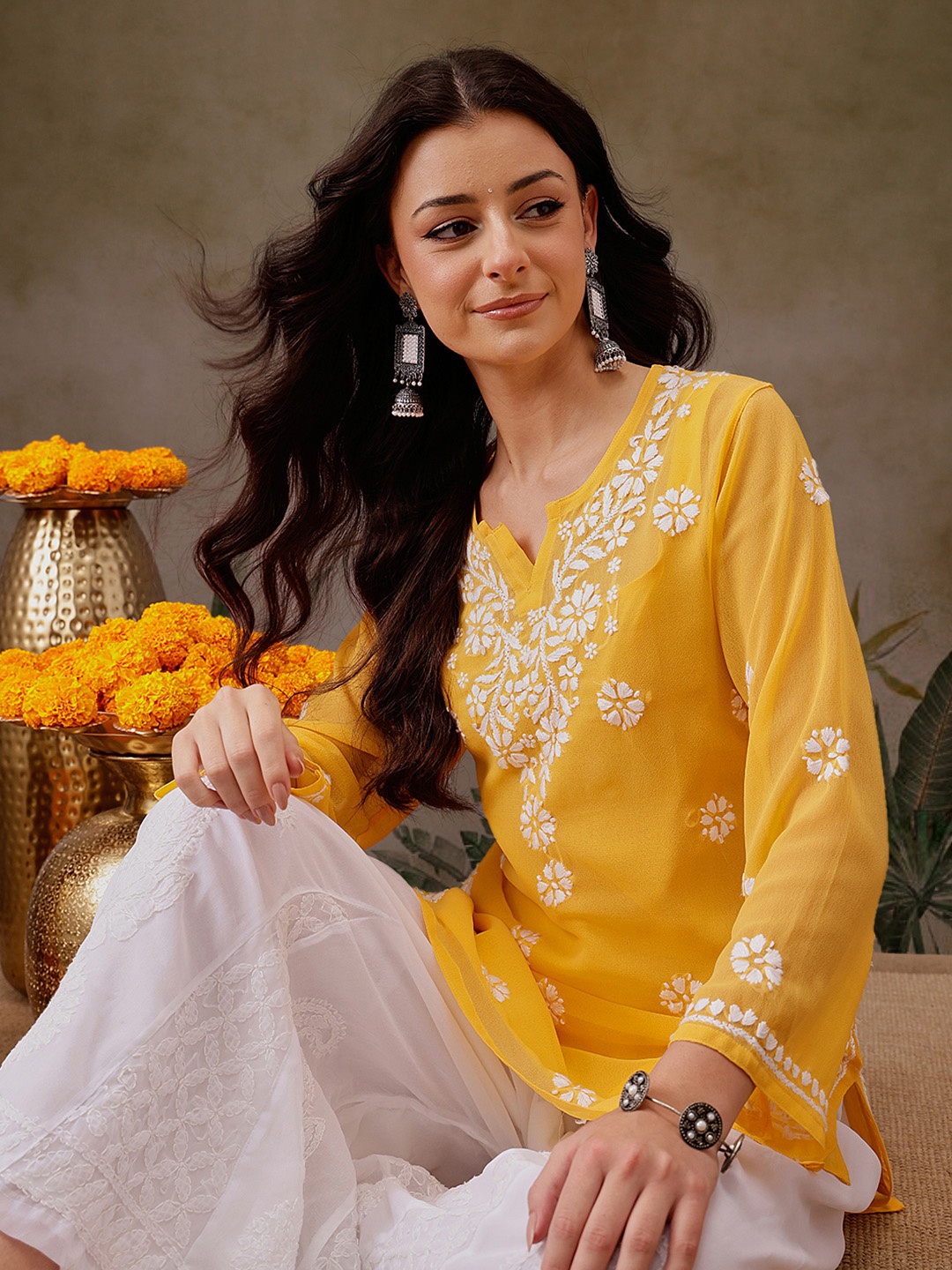 

ADA Floral Embroidered Chikankari Kurti, Yellow