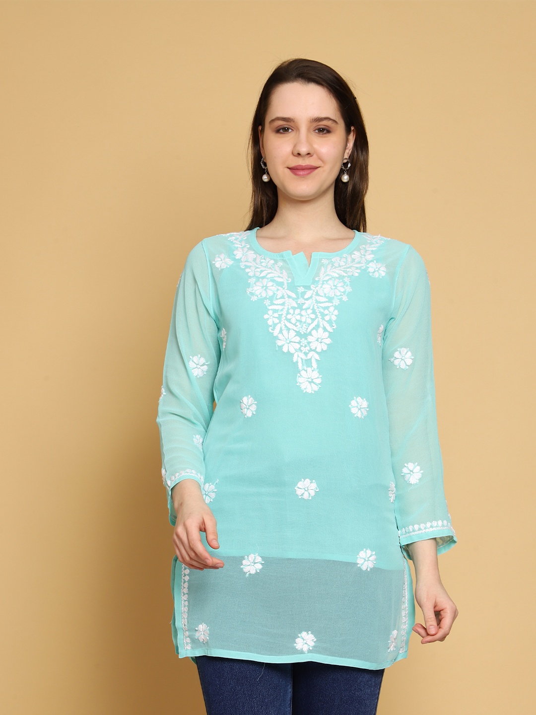 

ADA Floral Embroidered Chikankari Kurti, Sea green