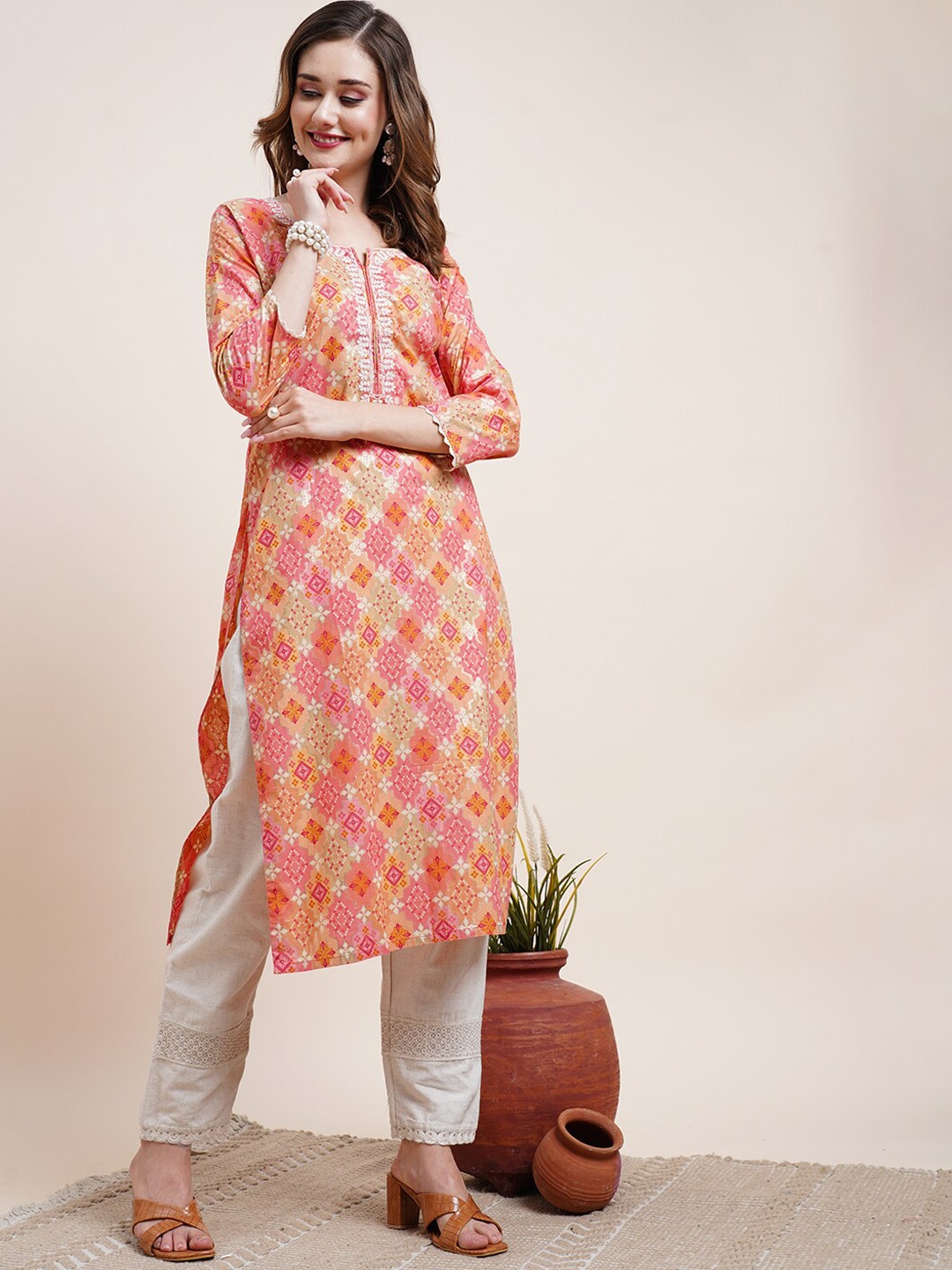 

FASHOR Pink Geometric Printed Cotton Kurta