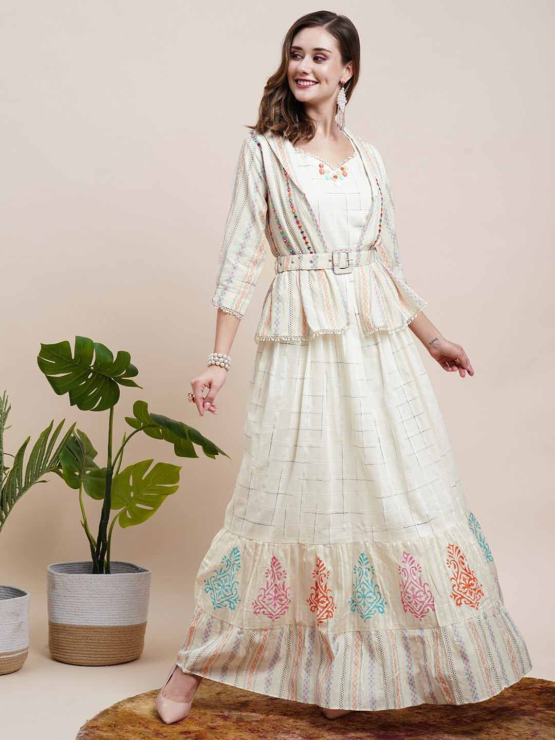 

FASHOR Off-White Floral Printed Embroidered Detailed Cotton Maxi Dress