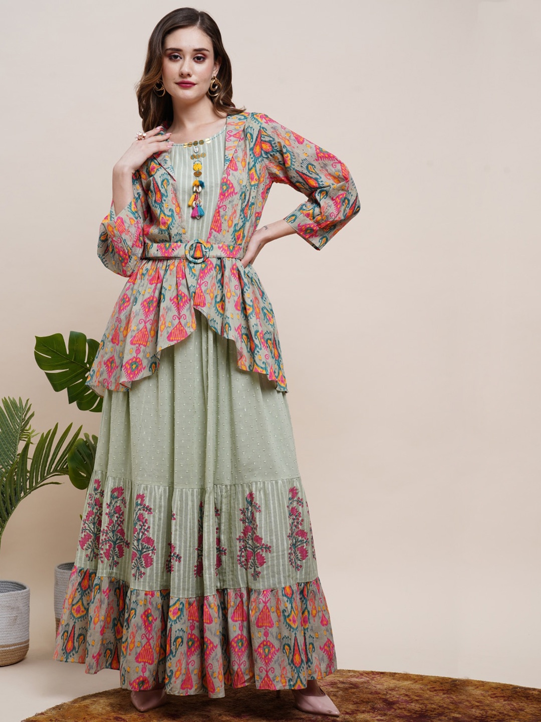 

FASHOR Green Ethnic Motifs Printed Gathered Detailed Cotton Maxi Dress