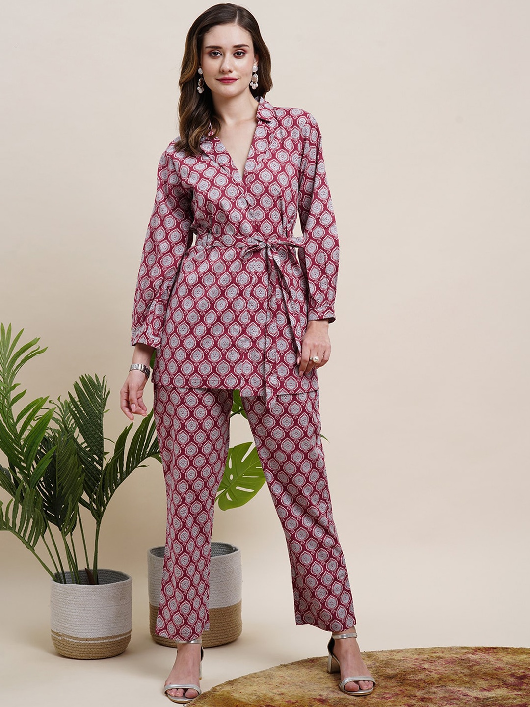 

FASHOR Maroon Ethnic Motifs Printed Cotton Co-Ords