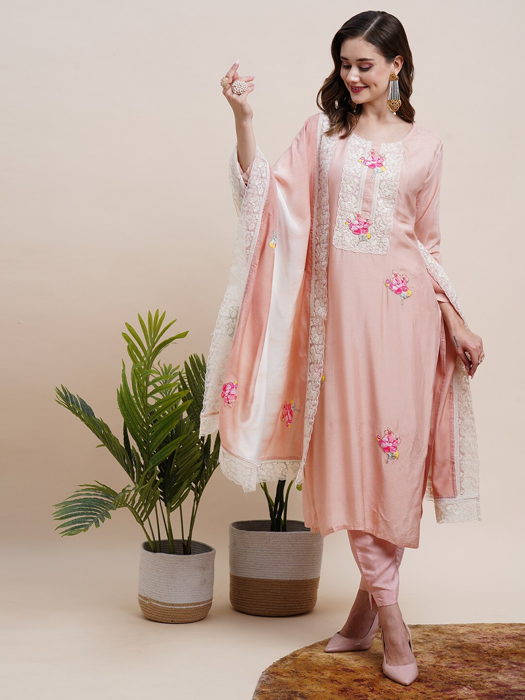 

FASHOR Peach-Coloured Floral Embroidered Kurta & Trousers With Dupatta