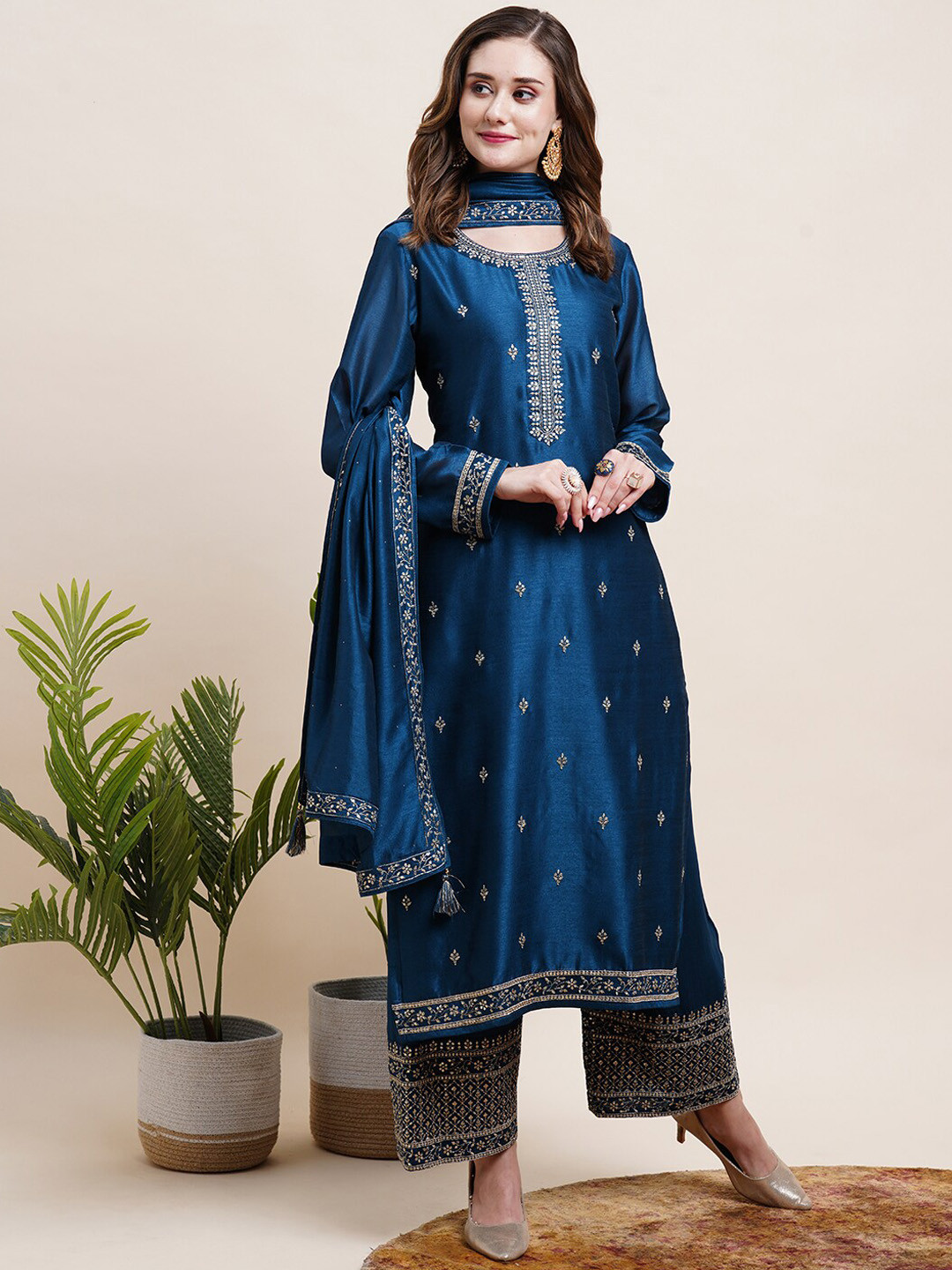 

FASHOR Blue Ethnic Motifs Embroidered Kurta & Palazzos With Dupatta