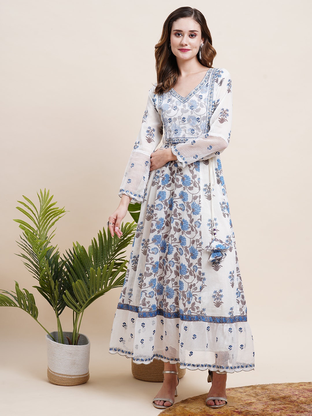 

FASHOR Floral Printed V-Neck Belted Cotton A-Line Ethnic Dress, White