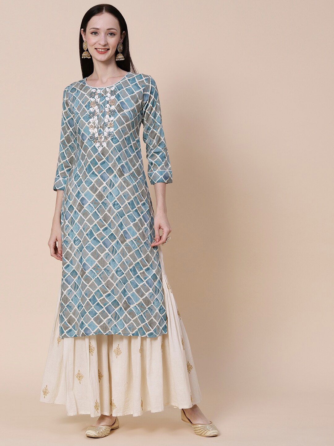 

FASHOR Blue Geometric Printed Kurta