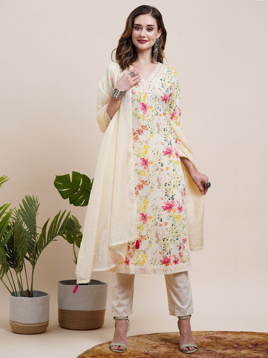 

FASHOR Off White Floral Printed V-Neck Pure Cotton Kurta & Trousers With Dupatta