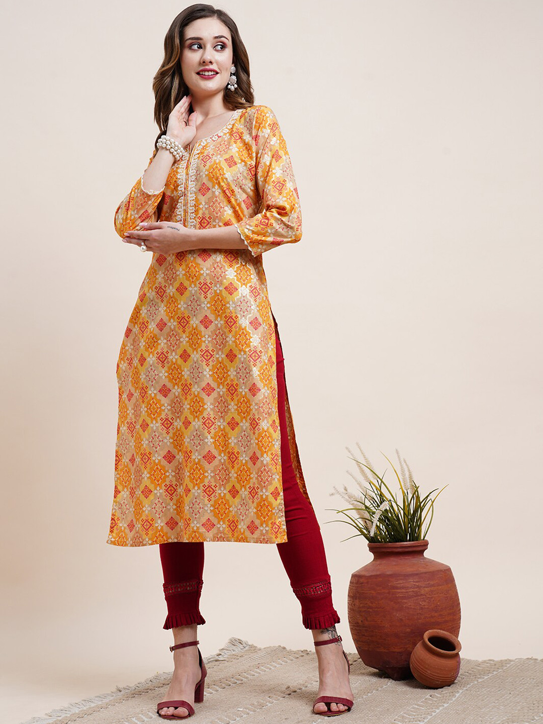 

FASHOR Mustard Yellow Geometric Printed Cotton Kurta