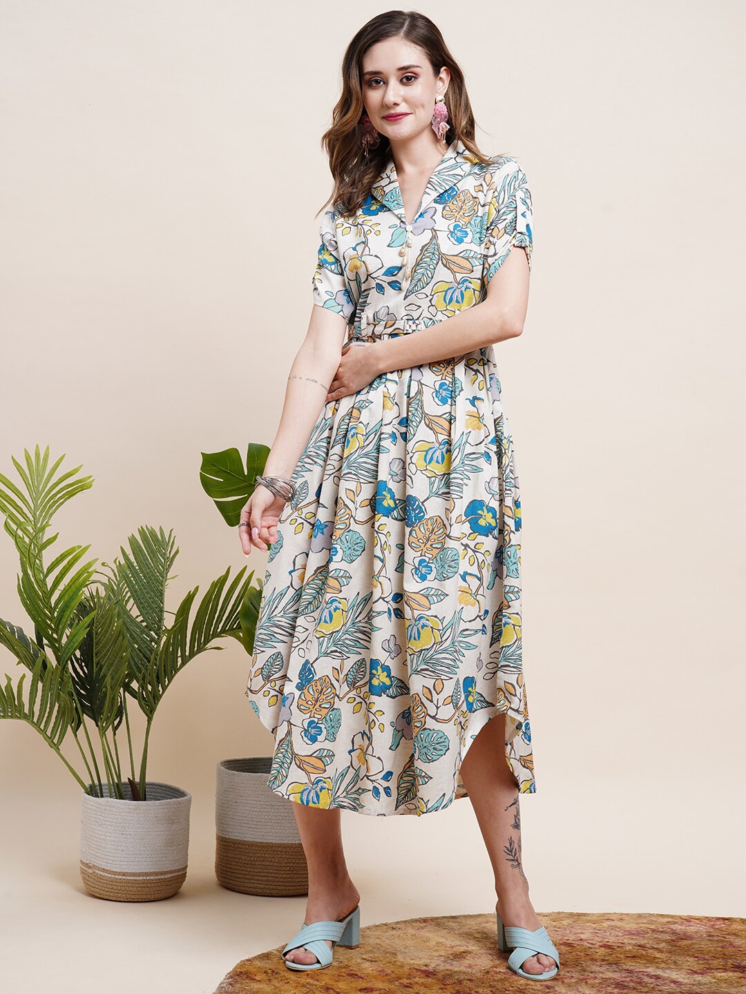 

FASHOR Off White Floral Printed Cotton Fit & Flare Midi Dress