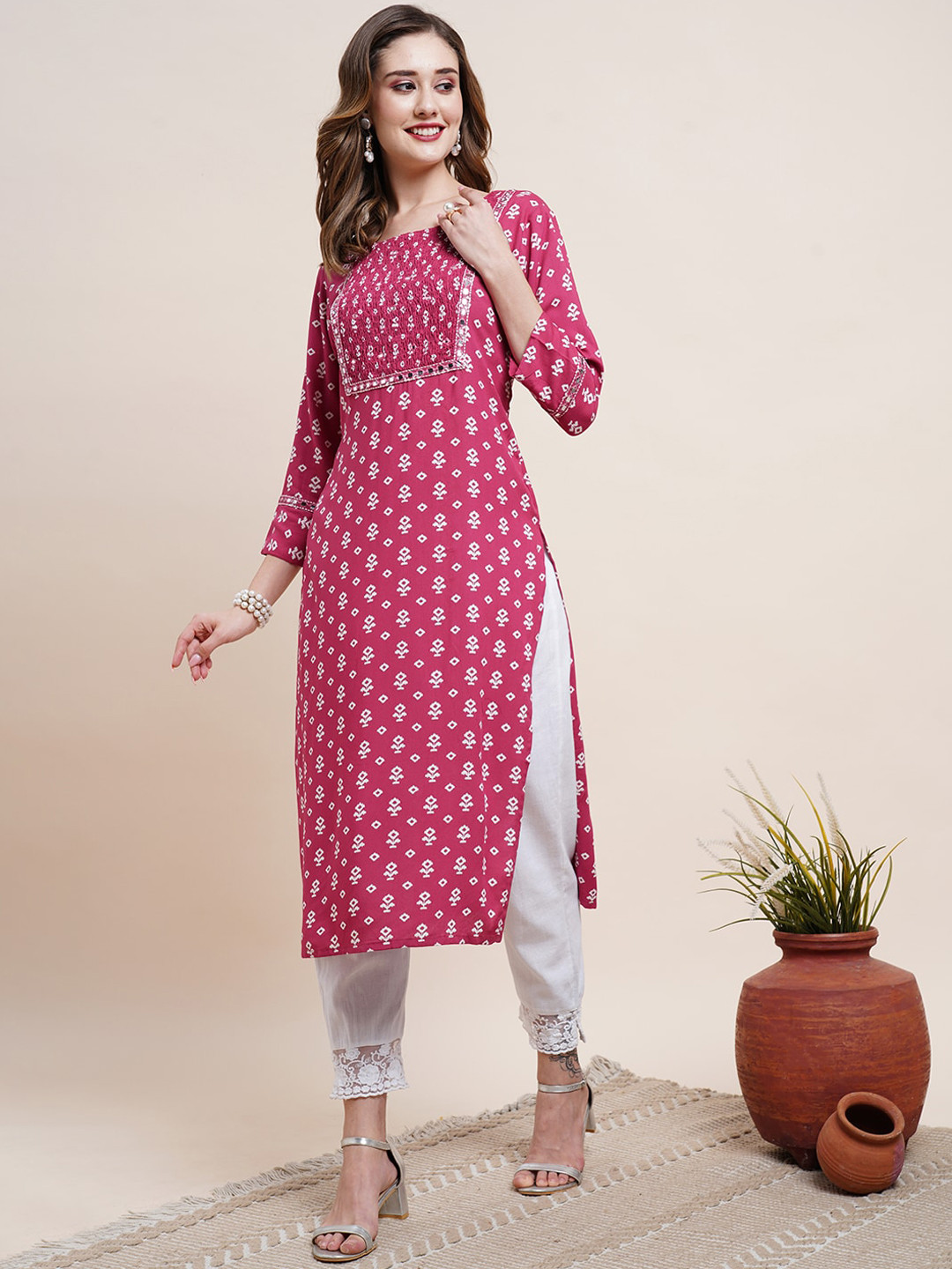 

FASHOR Pink Ethnic Motifs Printed Boat Neck Mirror Work Smocked Detail Kurta