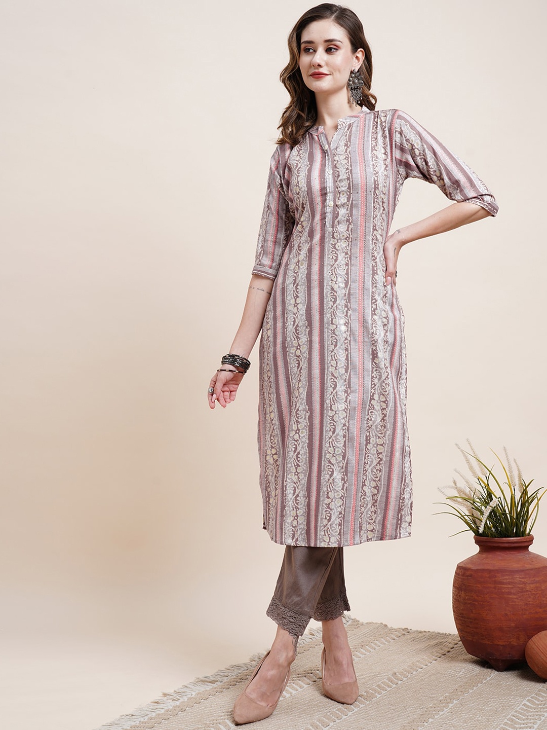 

FASHOR Grey Floral Printed Mandarin Collar Kurta