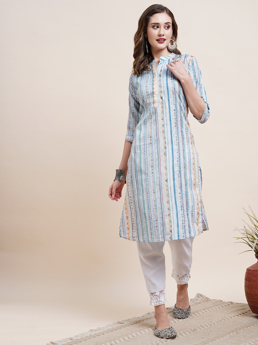 

FASHOR Blue Striped Mandarin Collar Sequins Work Regular Kurta