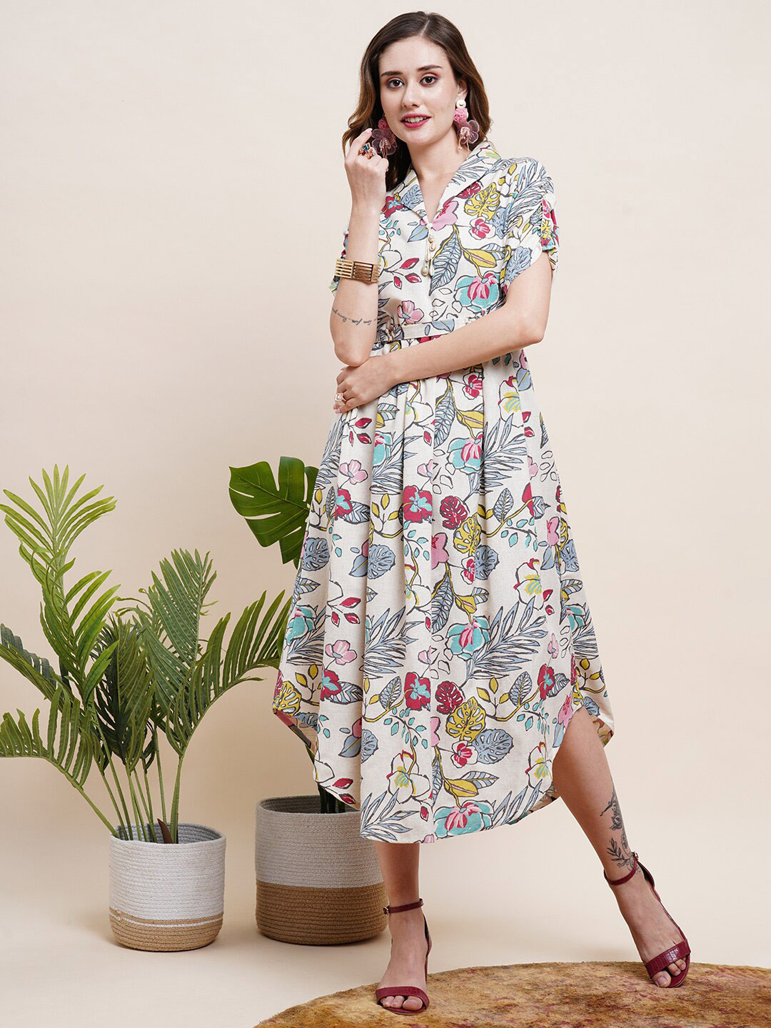 

FASHOR Floral Printed Roll-Up Sleeves Belted Cotton A-Line Midi Dress, Off white