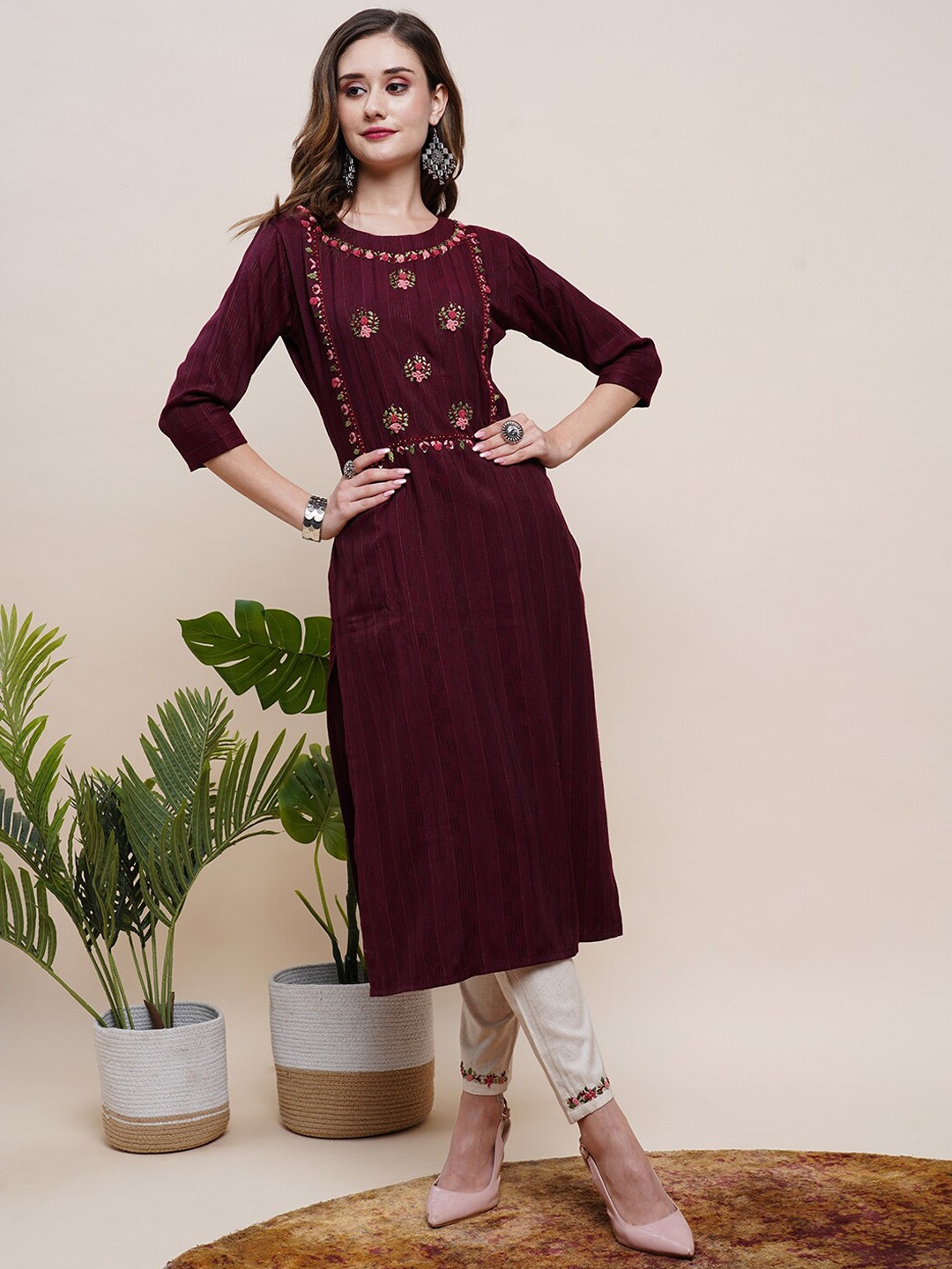 

FASHOR Burgundy Yoke Floral Embroidered Kurta With Trousers