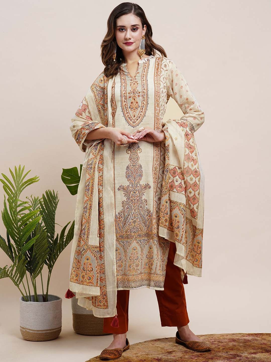 

FASHOR Ethnic Printed Pure Cotton Kurta with Trousers & With Dupatta, Beige