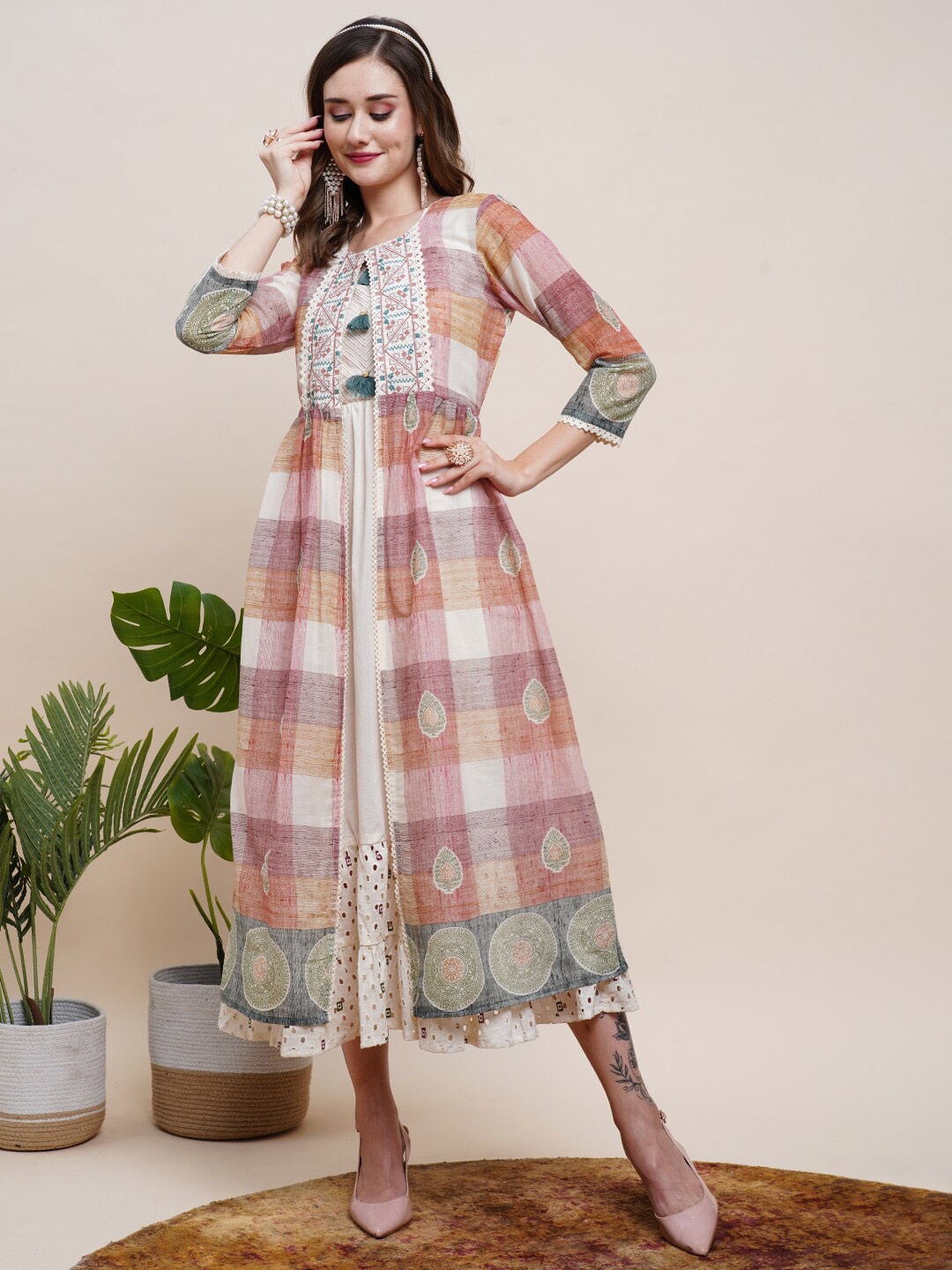 

FASHOR White Ethnic Motifs Printed Cotton Fit & Flare Midi Dress