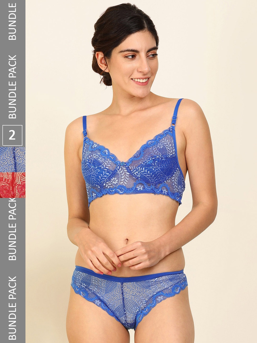 

AROUSY Women Pack Of 2 Cotton Lace Lingerie Set B_Nikkar Set_Red ,Blue_30