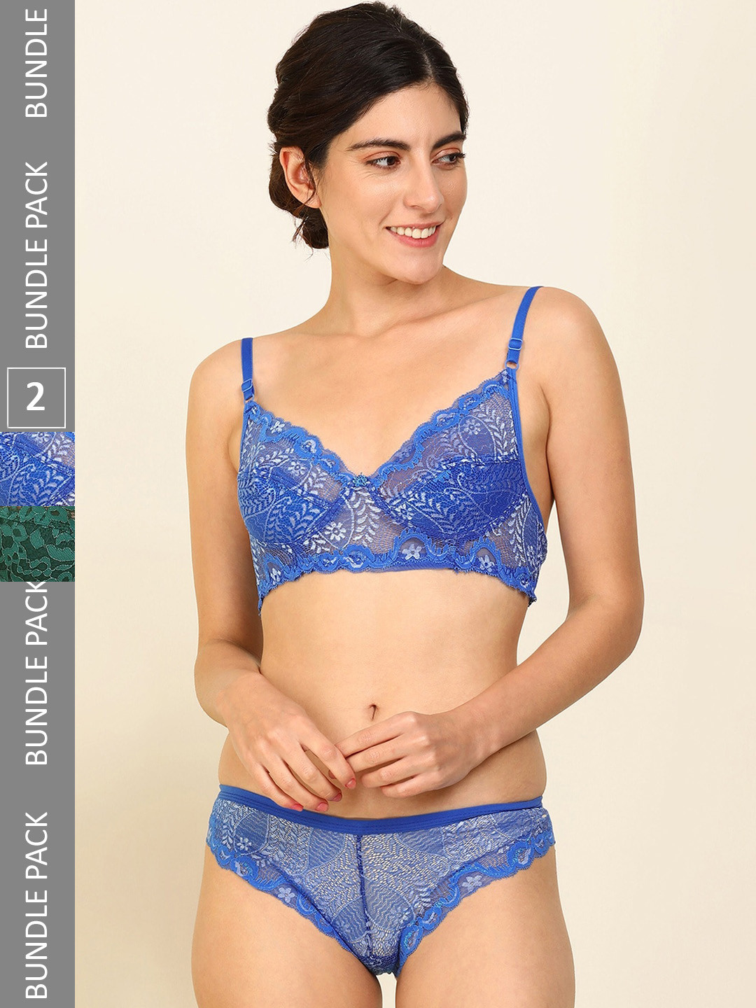 

AROUSY Women Pack Of 2 Cotton Lace Lingerie Set B_Nikkar Set_Blue,Green_30