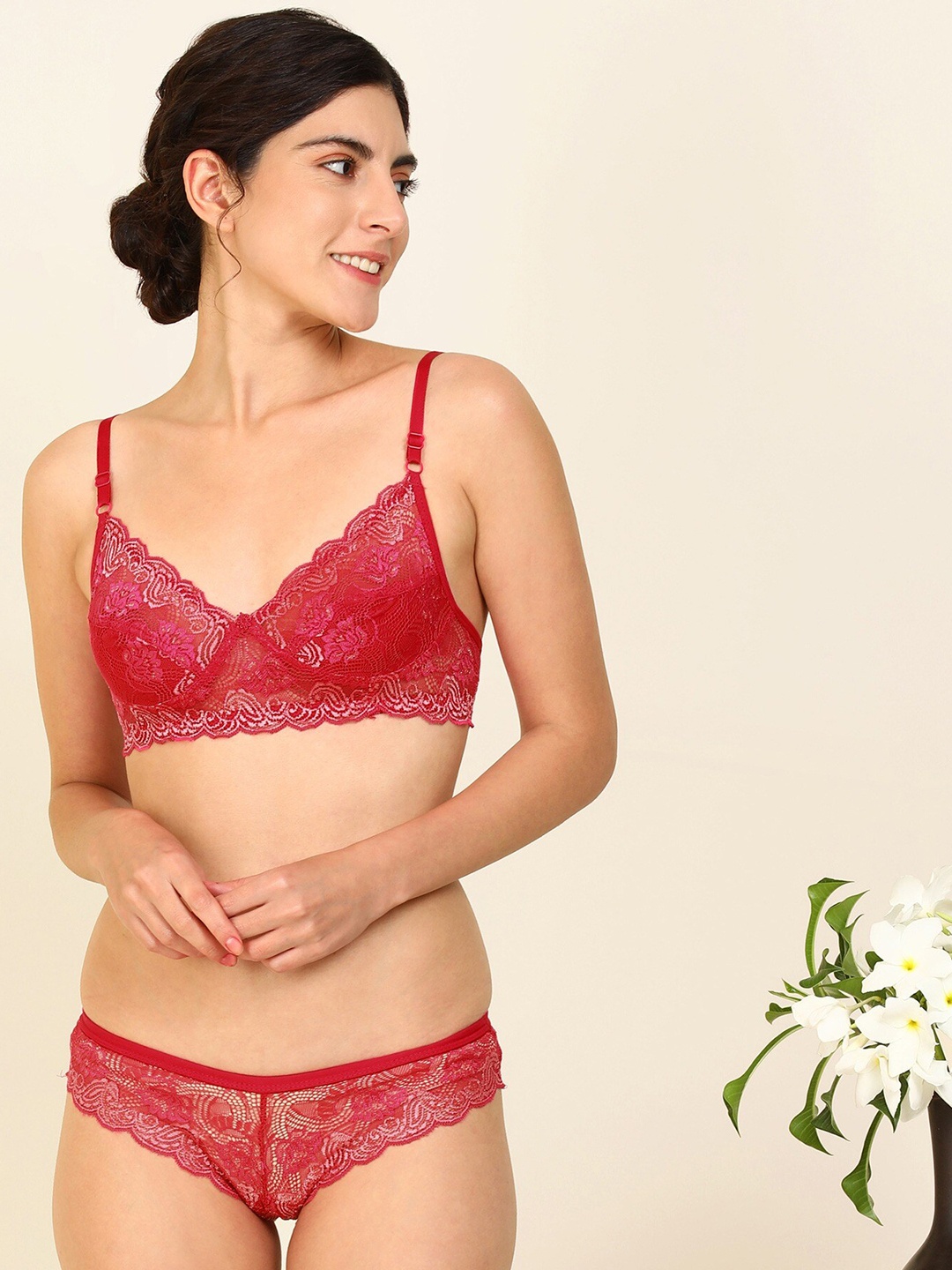 

AROUSY Women Self Design Cotton Lace Lingerie Set, Red