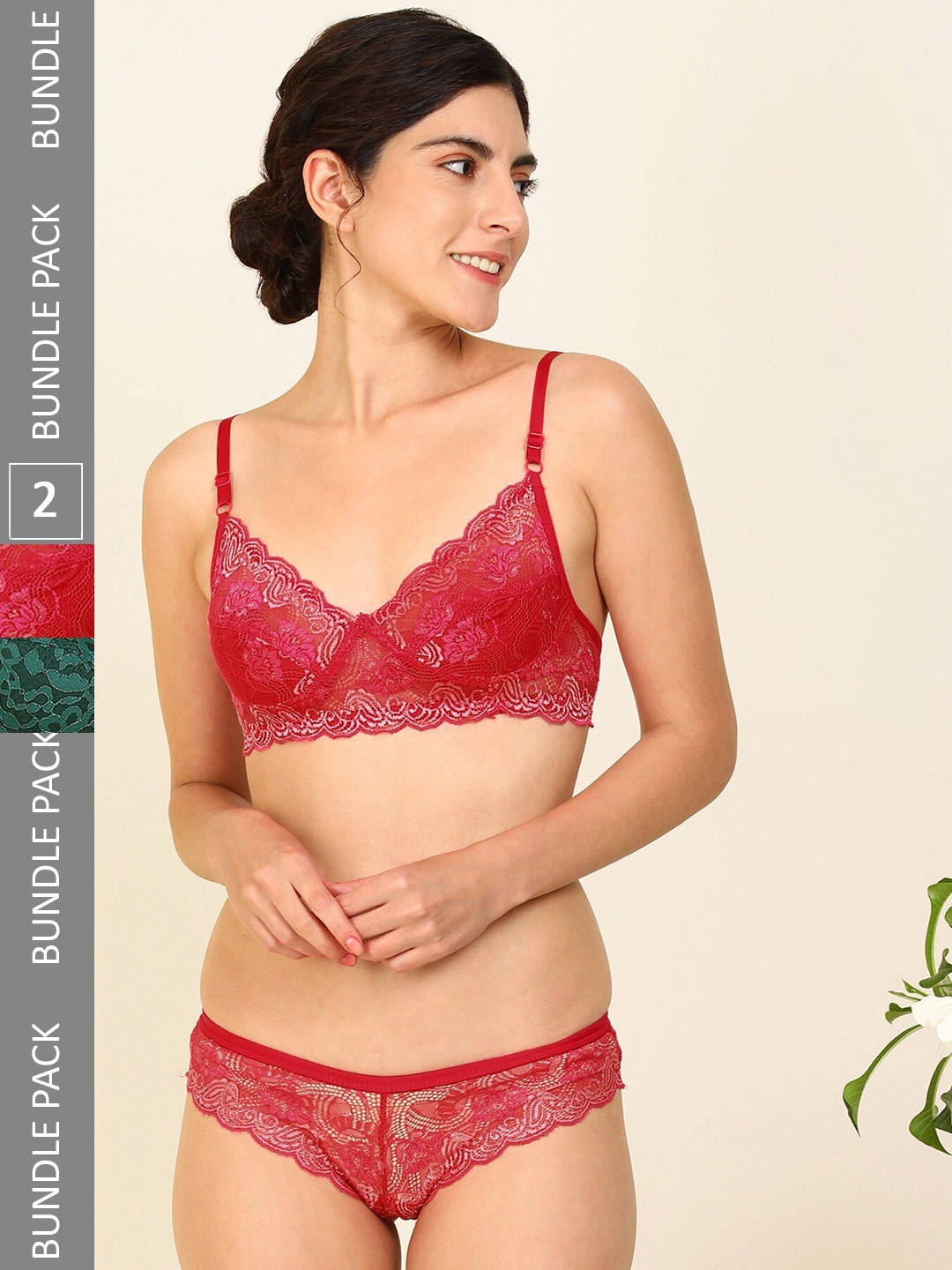 

AROUSY Women Pack Of 2 Cotton Lace Lingerie Set B_Nikkar Set_Red ,Green_30