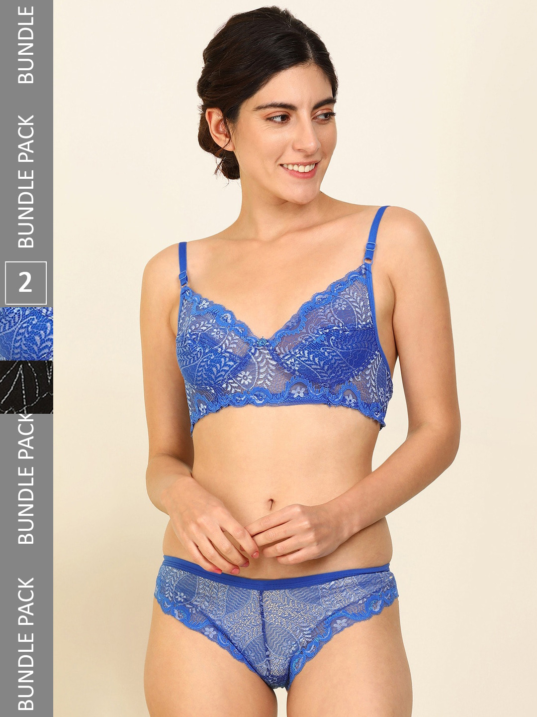 

AROUSY Women Pack Of 2 Cotton Lace Lingerie Set B_Nikkar Set_Blue,Black_30