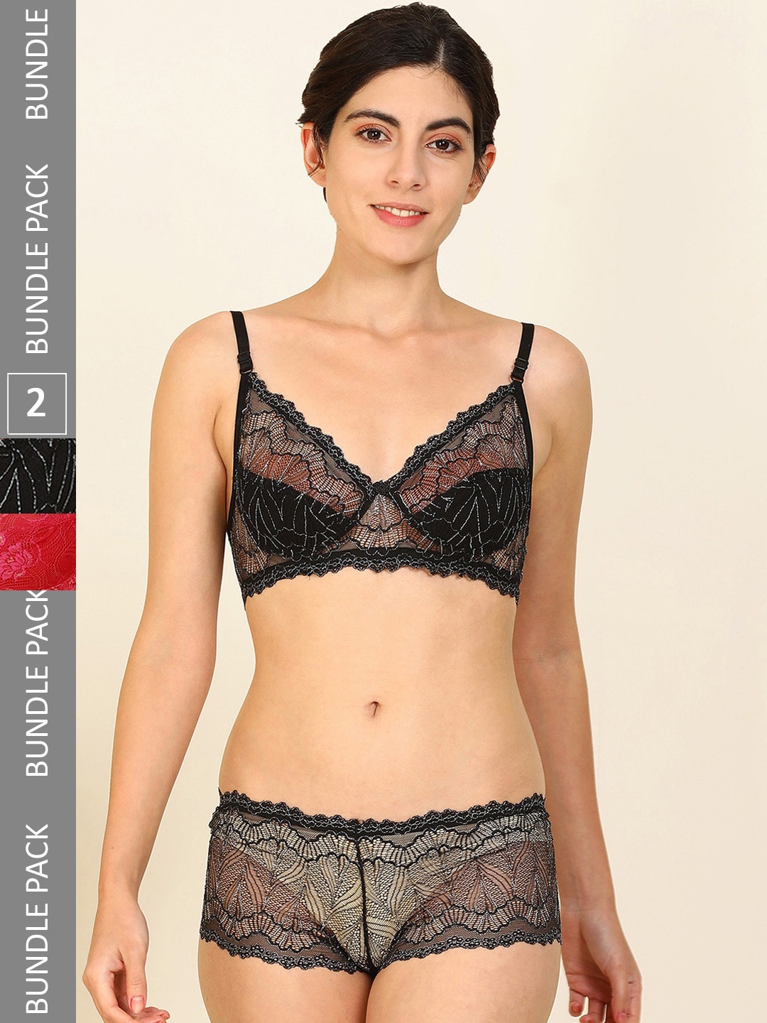 

AROUSY Women Pack Of 2 Cotton Lace Lingerie Set B_Nikkar Set_Red ,Black_30