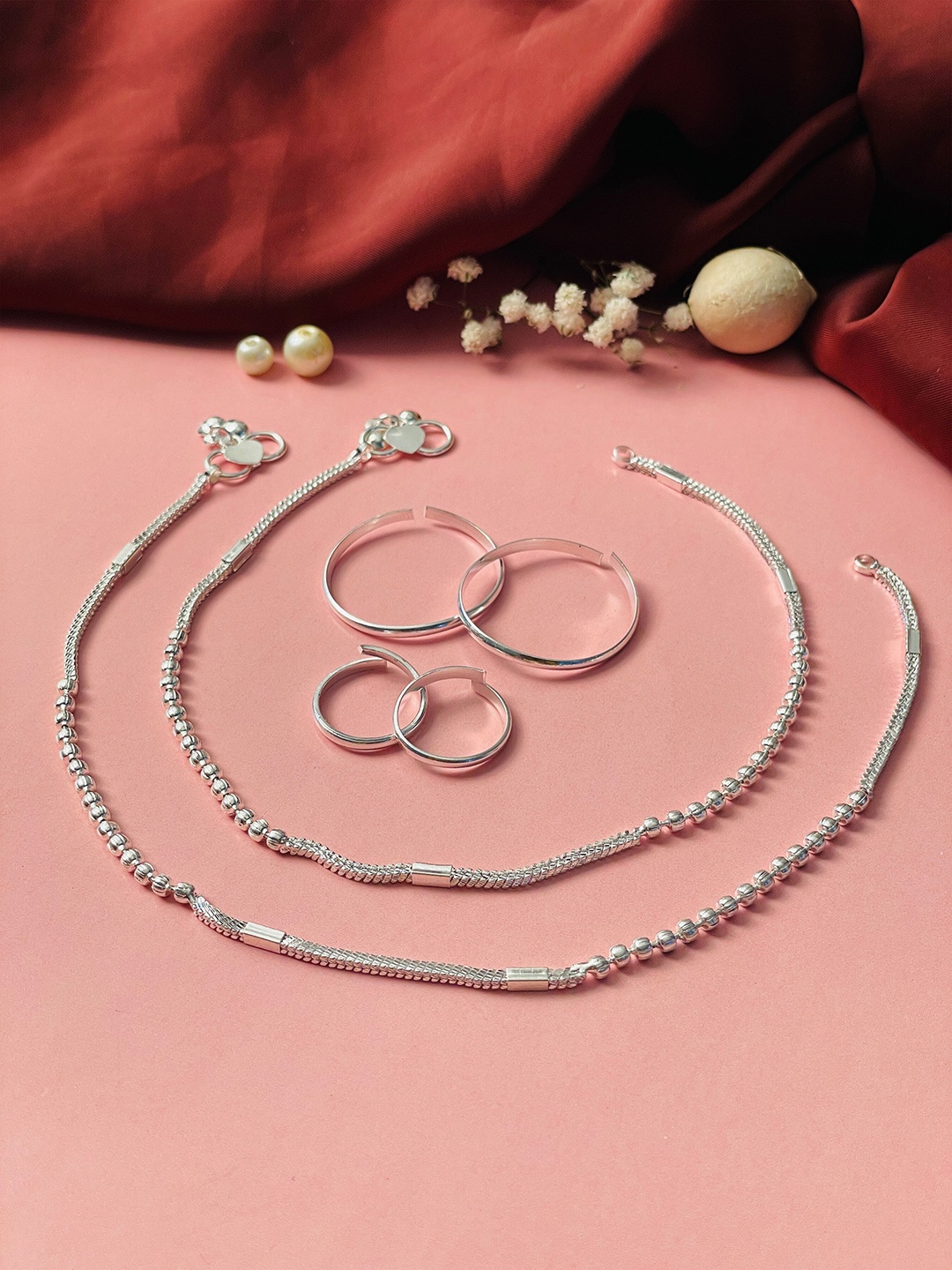 

ABDESIGNS Oxidised Silver-Plated Anklets & Set Of 4 Toe Rings Combo