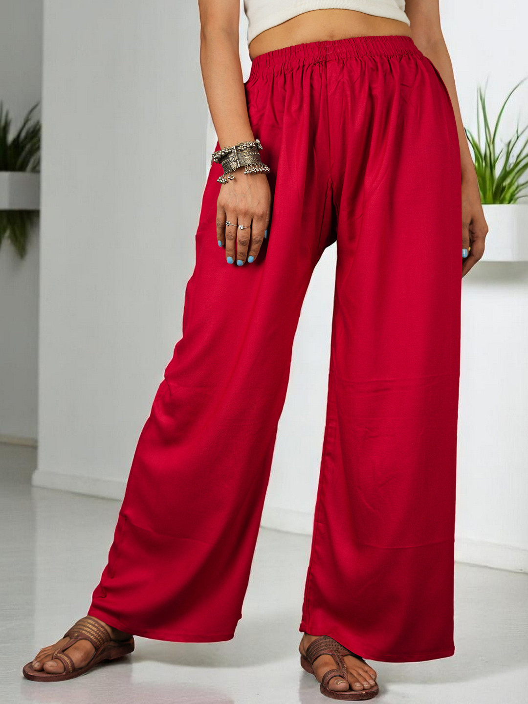 CKE Women Relaxed Wide Leg Straight Fit Cotton Pleated Trousers