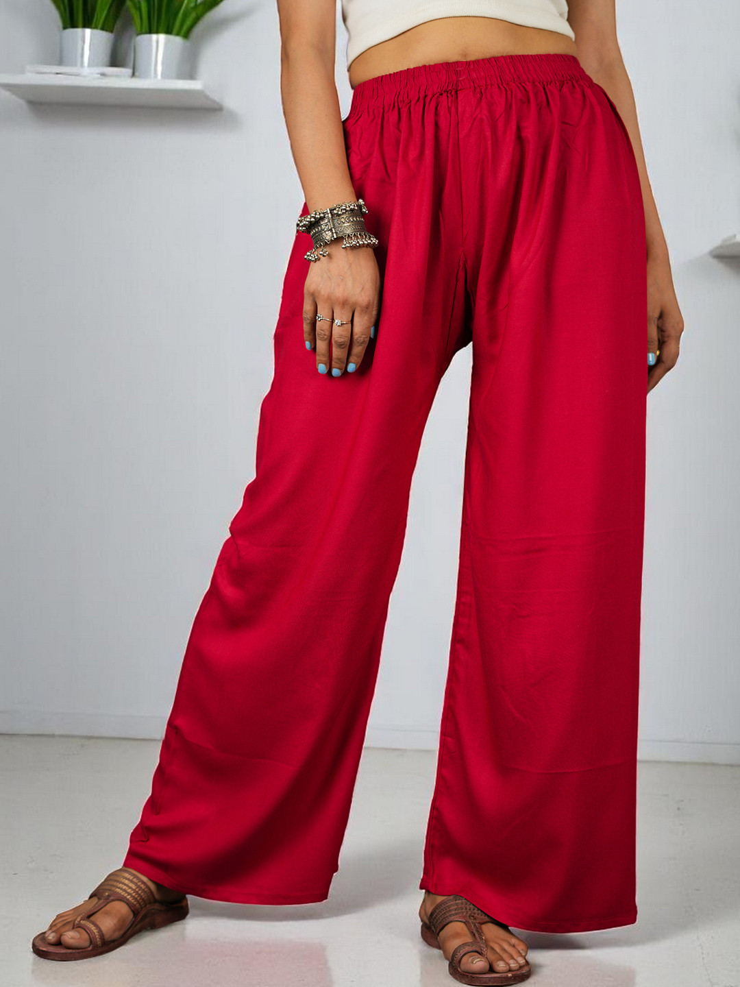 CKE Women Relaxed Wide Leg Straight Fit Cotton Pleated Trousers
